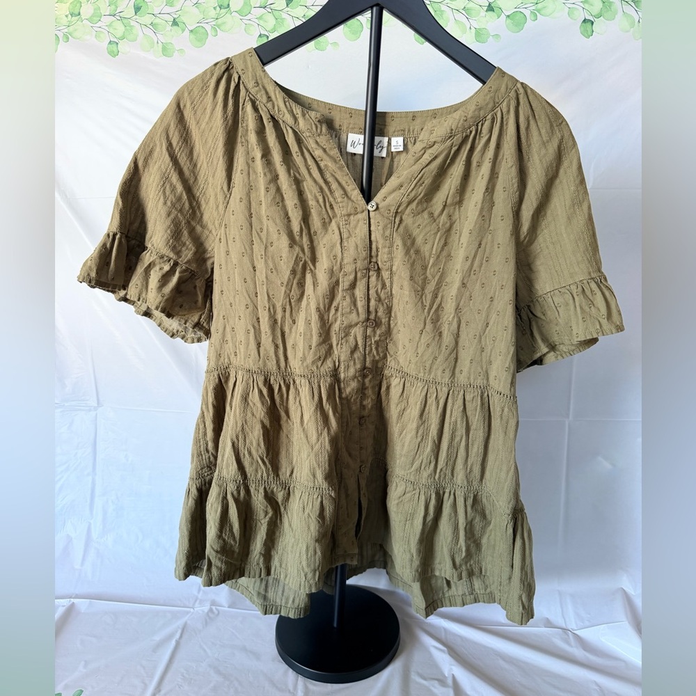 Wonderly Olive Green Ruffle Sleeve Blouse NWOT